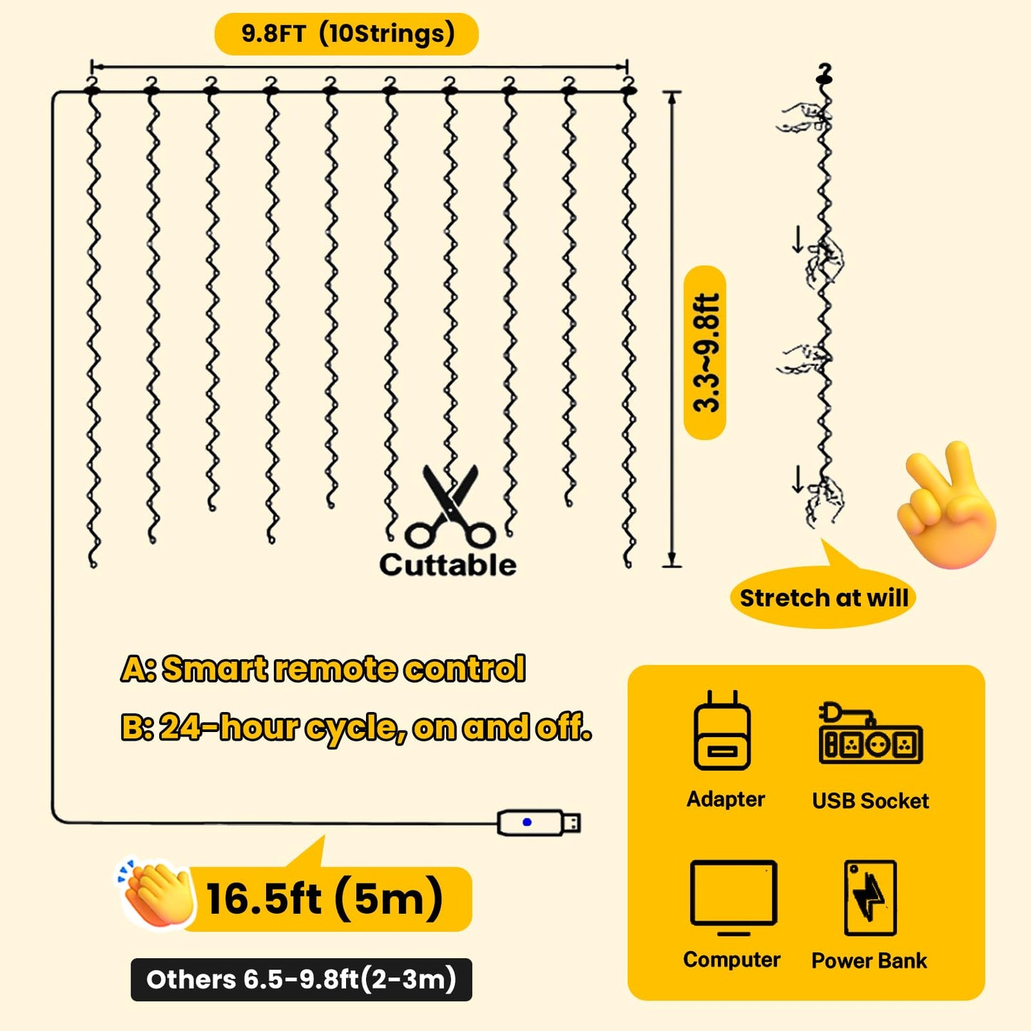 HXWEIYE 300LED Fairy Curtain Lights, 9.8x9.8Ft Warm White USB Plug in 8 Modes Christmas String Hanging Lights with Remote for Bedroom, Indoor, Outdoor, Weddings, Party
