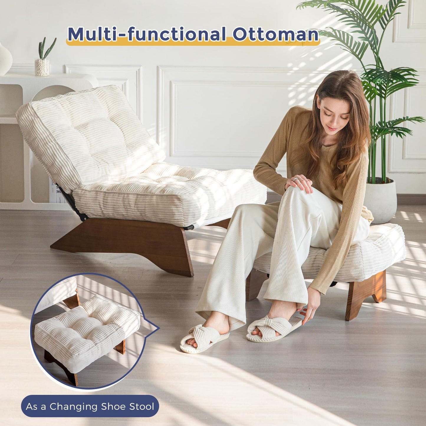 MAXYOYO Accent Chair with Ottoman Adjustable Backrest, Tufted Living Room Chair Upholstered Lounge Chair with Footrest Set, Modern Chair Cozy Reclining Chair for Reading Room, Beige