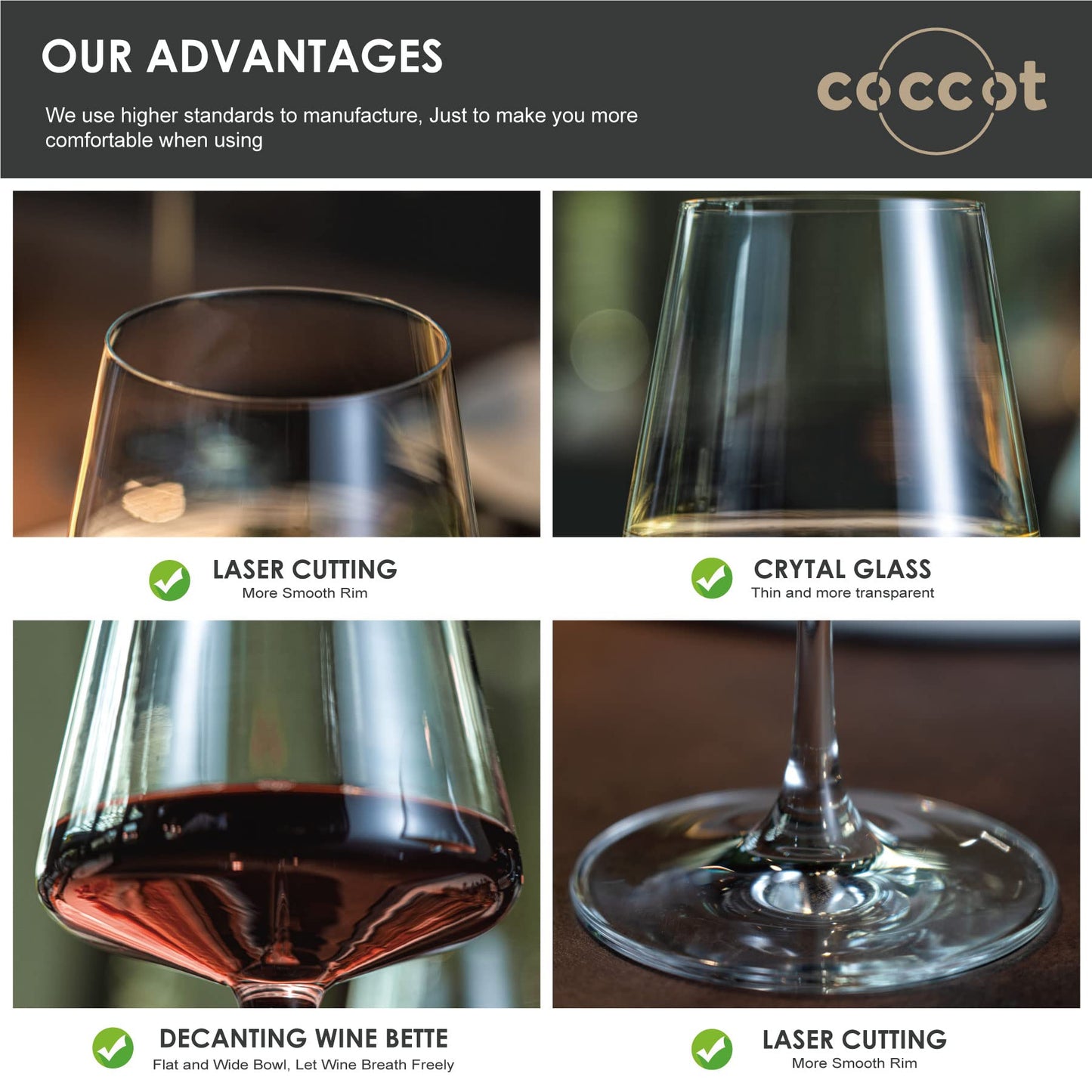 coccot Wine Glasses Set of 6,Crystal White Wine Glasses,Red Wine Glass Set,Long stem Wine Glasses,Clear Lead-Free Premium Blown Glassware (18.5oz,6 pack)
