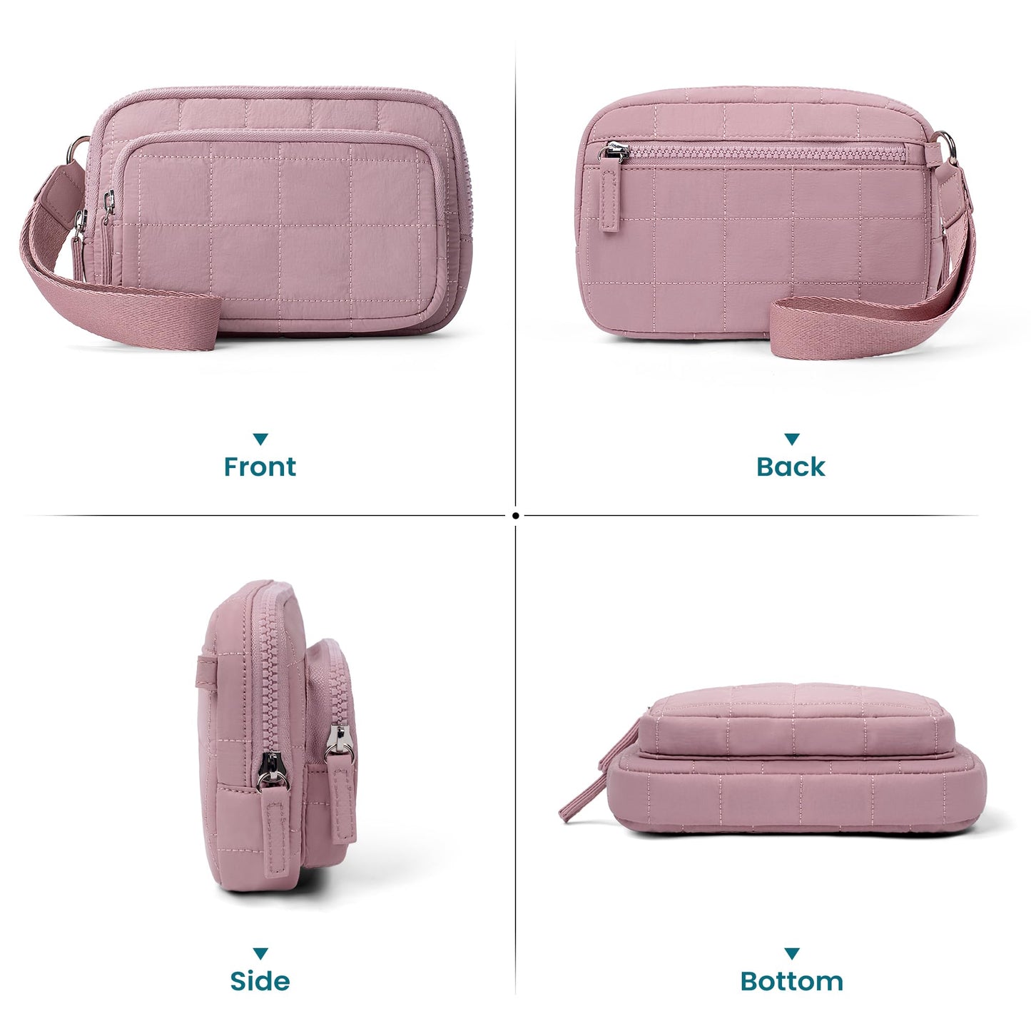 VONAL Wristlet Wallets for Women, Quilted Nylon Wallet Purse with 3 Zipper, Credit Card Holder with RFID Blocking Cell Phone Organizer, Puffer Womens Wristlet, Pink