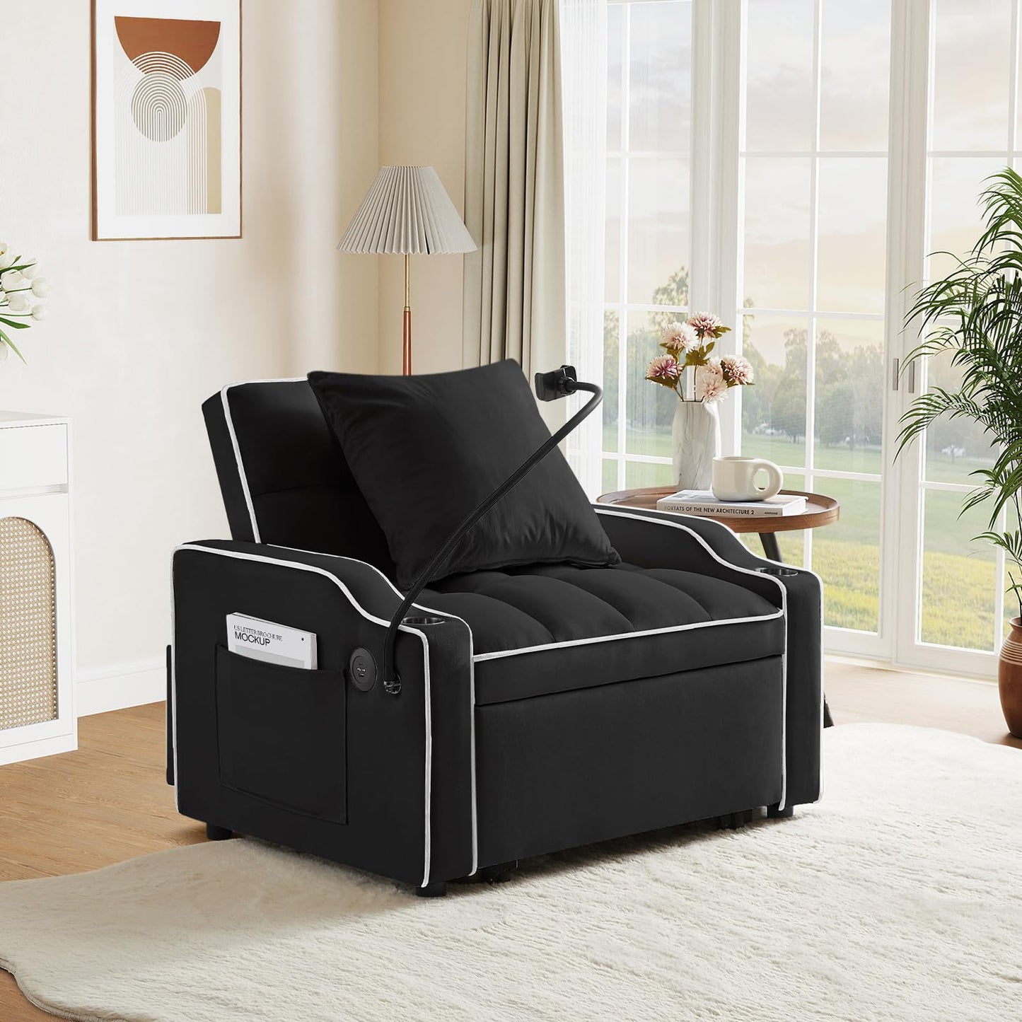 Convertible Sleeper Chair Sofa Bed,3 in 1 Velvet Tufted Pull Out Couch with Swivel Phone Holder & USB Ports,Futon Small Couch Bed w Cup Holders & Adjustable Backrest for Living Room,Small Place(Black)