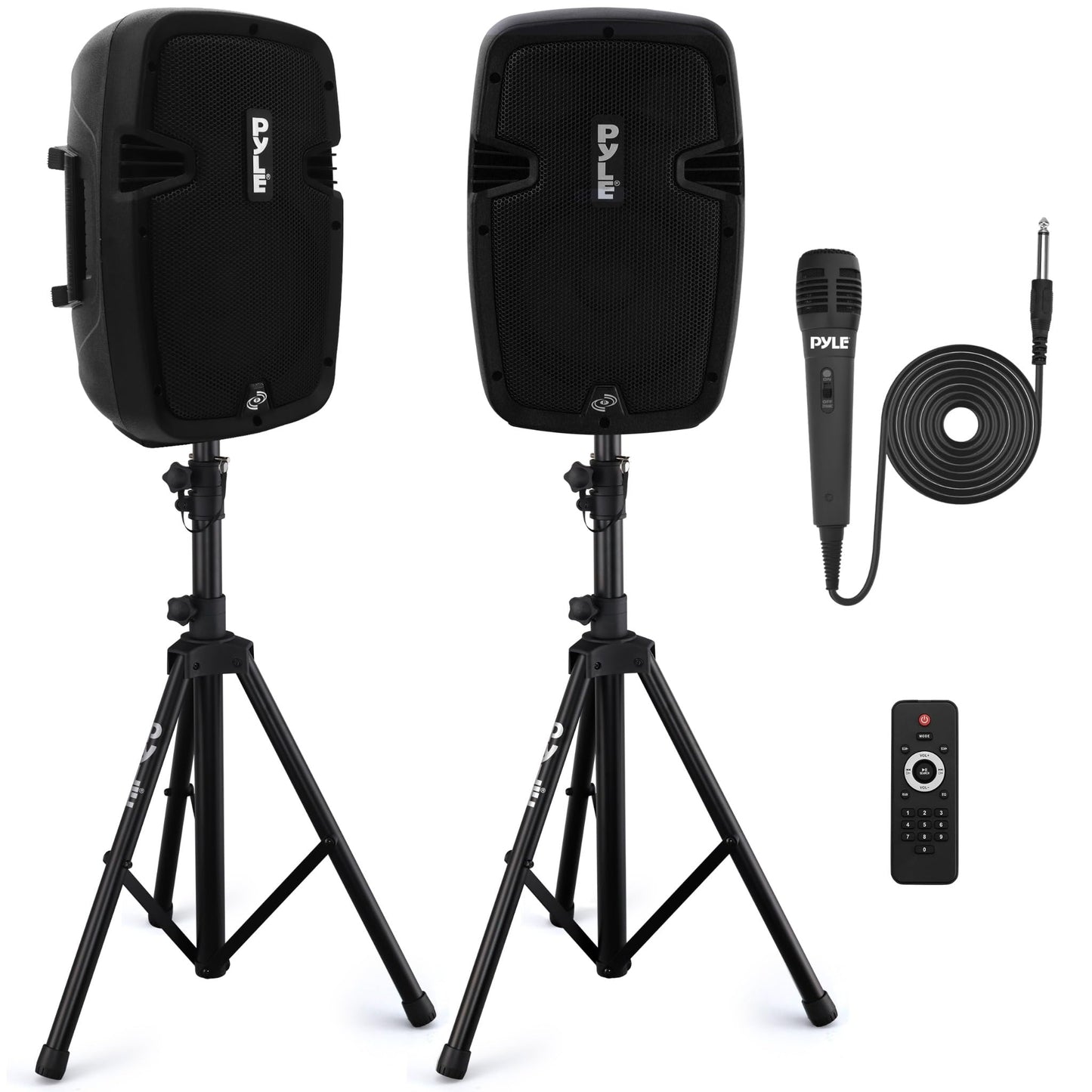 Pyle Powered Bluetooth PA Speaker Kit - Event Ready - Just Plug In and Play Active and Passive 350w Loudspeakers with Wired Microphone, Speaker Stands, Remote - MP3/USB/SD/AUX inputs - PPHP849KT