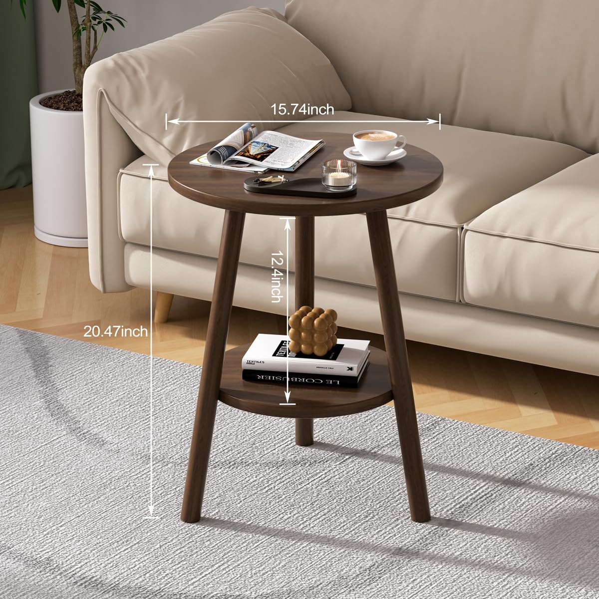 OERGKE Round End Table, Small Side Tables with Lower Shelf, Coffee Table, Bedside Table, Mid Century Modern Nightstand for Living Room, Bedroom, Corners and Office (Walnut)