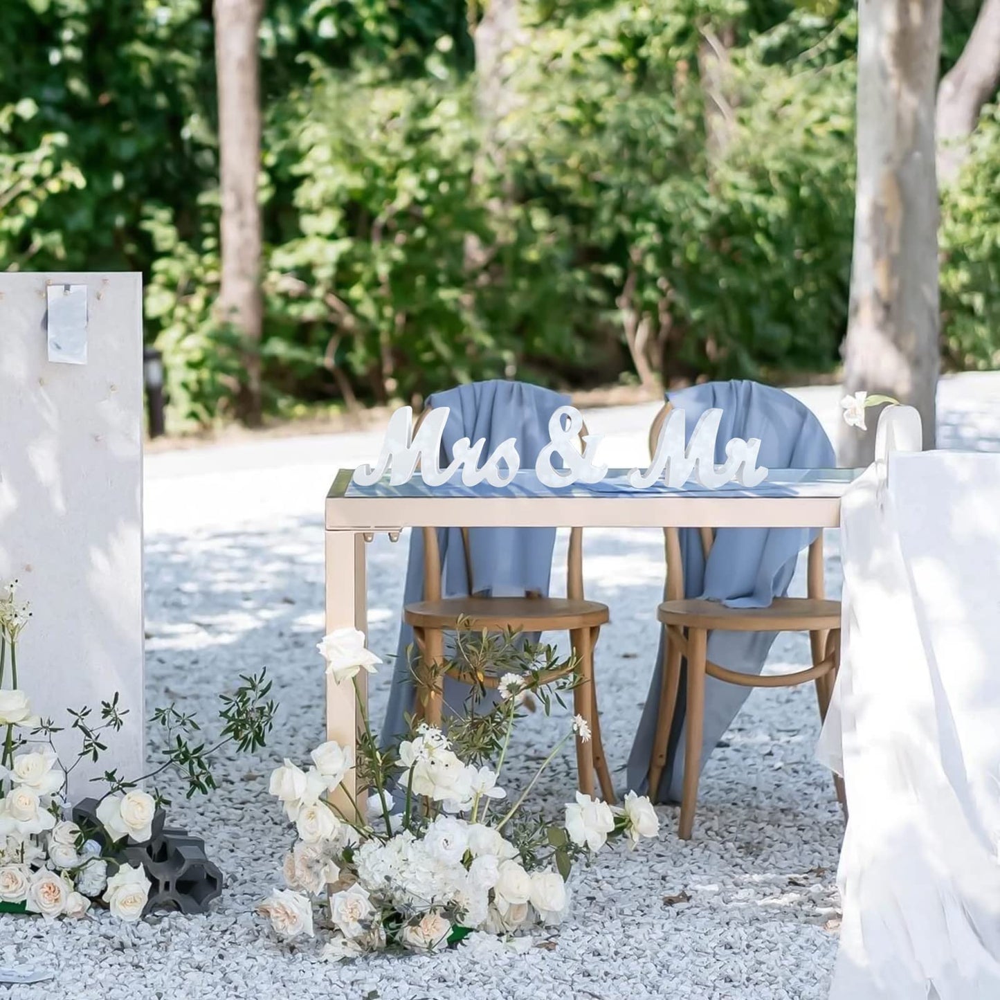 Large White Wooden Mr & Mrs Sign with Just Married Banner White Sweetheart Table Decorations & Photo Props for Anniversary Parties