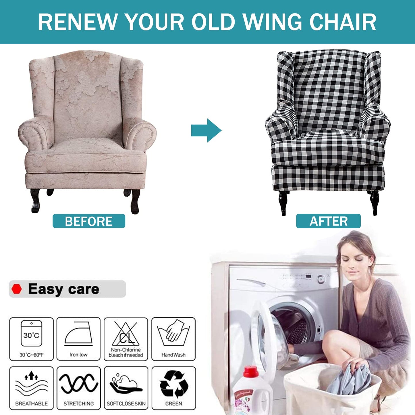 Wing Chair Slipcovers 2 Pieces Stretch Spandex Wingback Chair Covers Sofa Slipcover Printing Wingback Armchair Slipcovers Furniture Protector Couch Soft with Elastic Bottom for Wingback Chairs,13