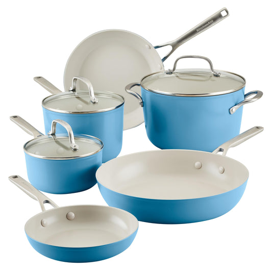 KitchenAid Hard Anodized Ceramic Nonstick Cookware Pots and Pans Set, 9 Piece - Blue Velvet