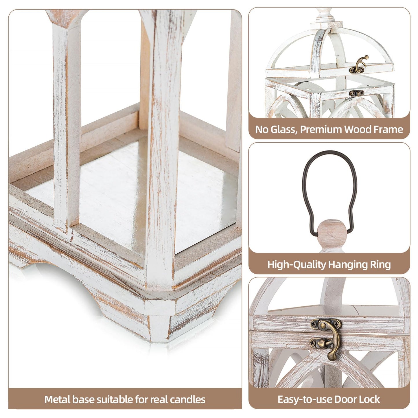 Staymoment Farmhouse Lanterns Decorative Indoor: 11" & 15" Set of 2 White Wooden Candle Holder Lanterns for Table Centerpiece Fireplace Mantle Home Decor