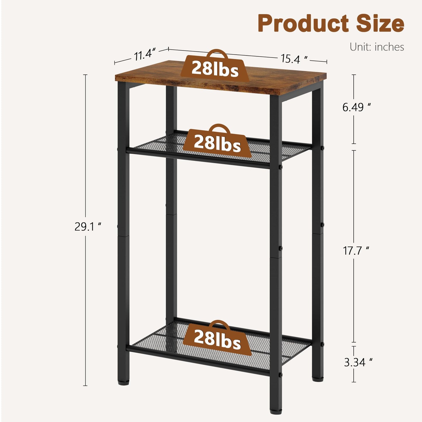 Hoctieon 3 Tier End Table, Telephone Table, Narrow Side Table with Storage, Nightstand for Small Spaces, Metal Frame, For Living Room, Bedroom, Sofa Couch, Hall, Easy Assembly, Rustic Brown
