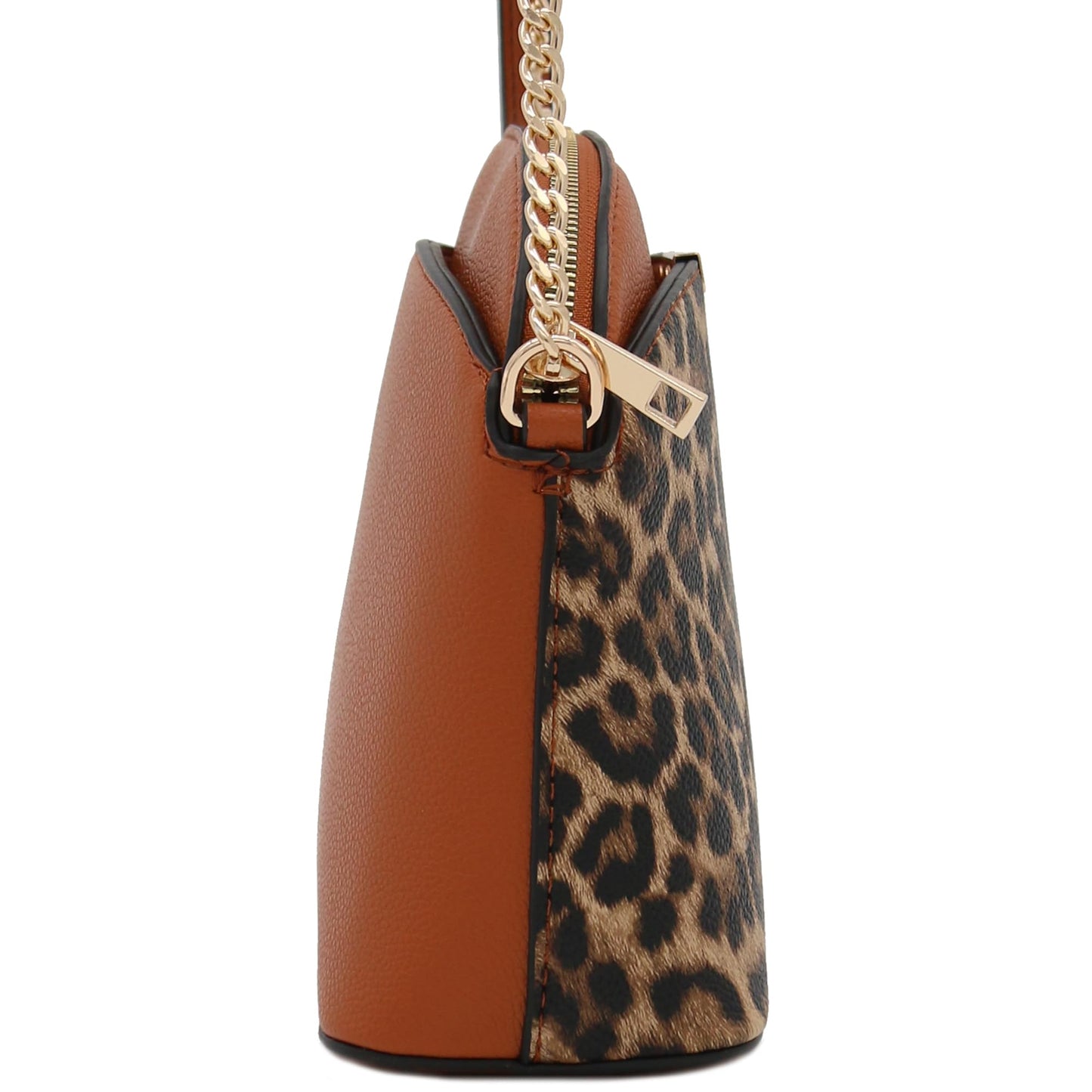 FashionPuzzle Leopard Print Small Dome Crossbody with Chain Strap (Classic Tan/Tan)