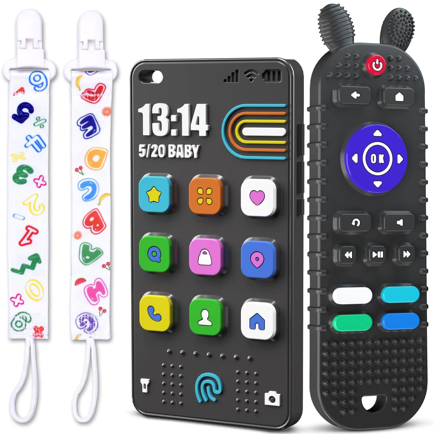 TV Remote Control Shape Baby Teething Toys and Phone Shape Teether Toys for Babies 6-12 Months, Soft Flexible Silicone Chew Toys for Baby - Black