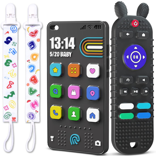 TV Remote Control Shape Baby Teething Toys and Phone Shape Teether Toys for Babies 6-12 Months, Soft Flexible Silicone Chew Toys for Baby - Black