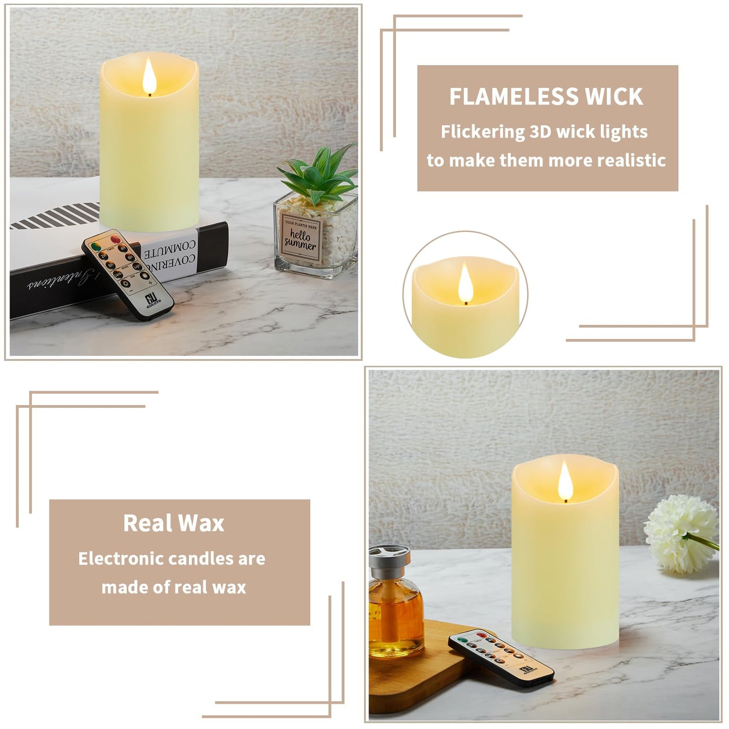 Guluto Flickering Flameless Candles with Rechargeable Battery, Electronic Candles with Remote and Timer, led Pillar Candles Real Wax Wick, led Candles for Home, Wedding, Halloween, Christmas 3" x 4"