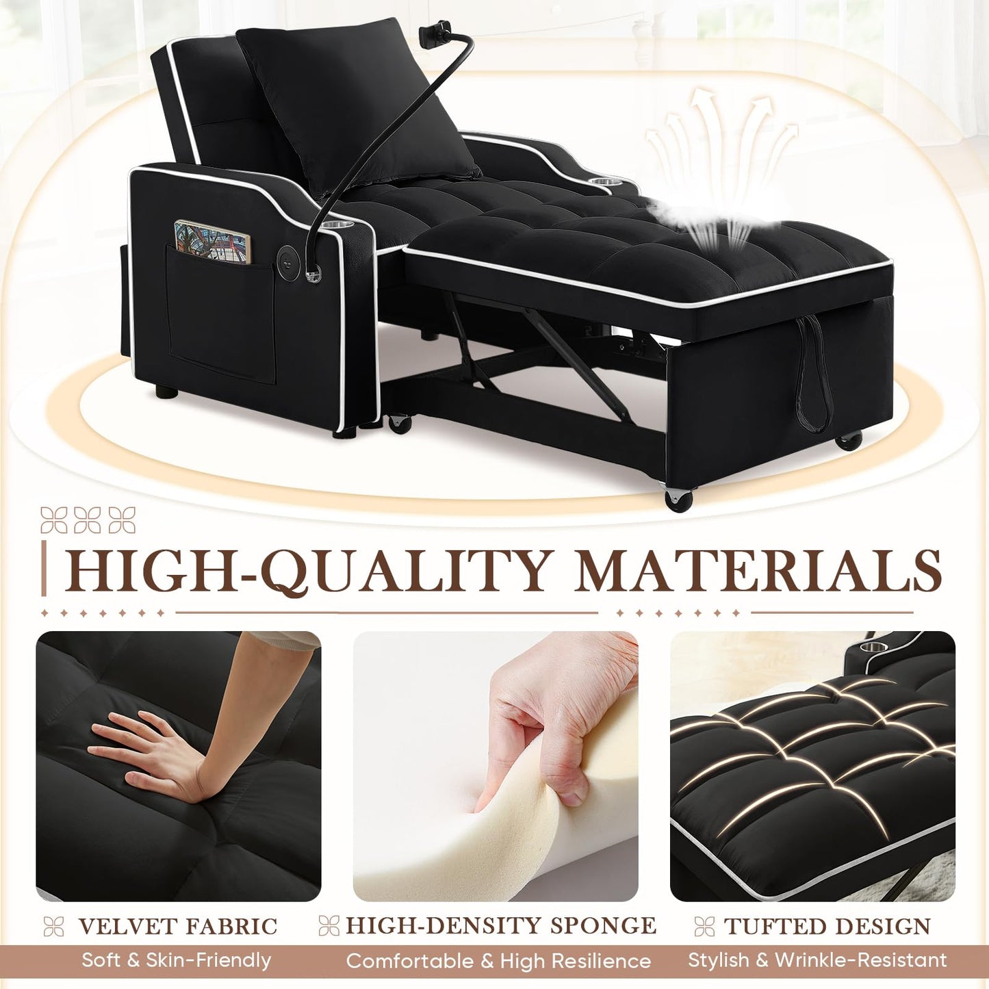 Convertible Sleeper Chair Sofa Bed,3 in 1 Velvet Tufted Pull Out Couch with Swivel Phone Holder & USB Ports,Futon Small Couch Bed w Cup Holders & Adjustable Backrest for Living Room,Small Place(Black)