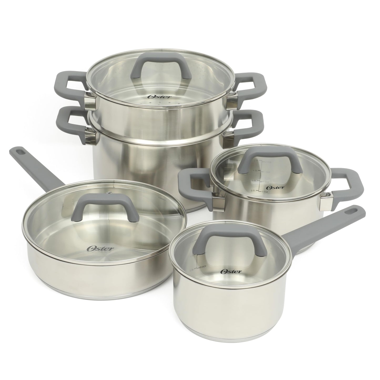 Oster Beauford 9 Piece Stainless Steel Non-Toxic Pots and Pans Cookware Set W/Tri-Ply Encapsulated Bottom & Soft Touch Handles