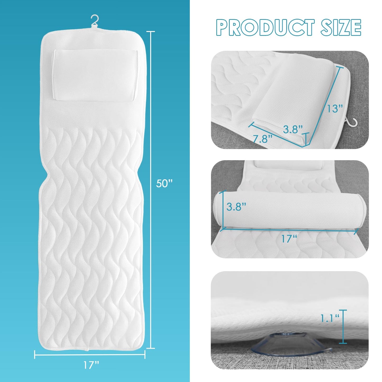 AEROiVi Full Body Bath Pillow with Lumbar Pillow Bathtub Cushion with 14 Suction Cups 3D Air Mesh Fit Any Tub Luxury Bathroom Accessories