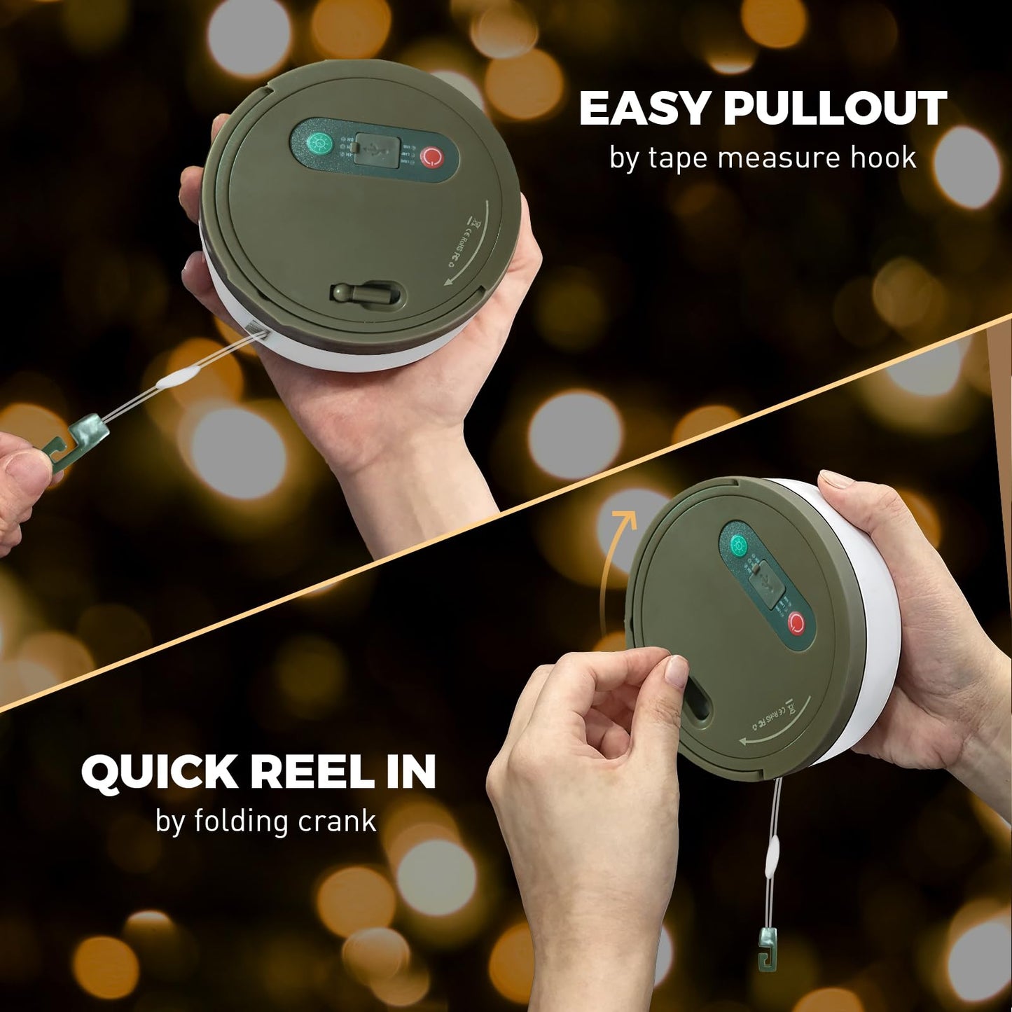 KUQIHUG Camping String Lights, 2 in 1 Quick Storage 32.8FT Rechargeable Tent Lights String with 8 Modes, Hanging Waterproof Portable LED Lamp for Outdoor Patio Awning Garden Party Essentials