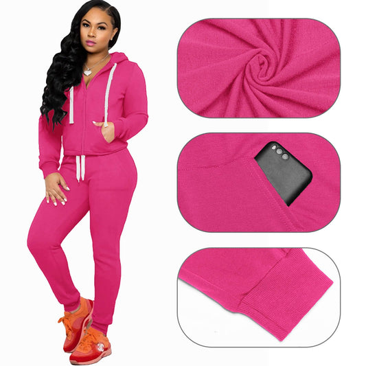 CLOCOR Sweat Suits for Women Set - Long Sleeve Casual Pullover Hoodie Solid Color Sport Tracksuit with Pocket Rose Red 2XL