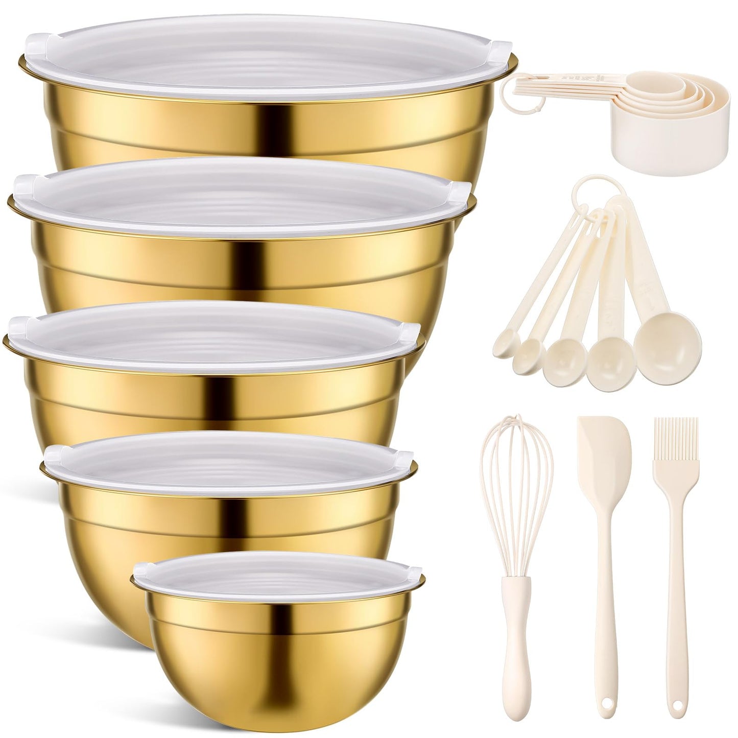 Shellwei Gold Mixing Bowls with Airtight Lids 24 Pcs Stainless Steel Mixing Bowls Set Size 1, 1.5, 2, 3.6, 7QT, Measuring Cups Spoons Baking Utensils Bowl for Kitchen Baking Serving Food