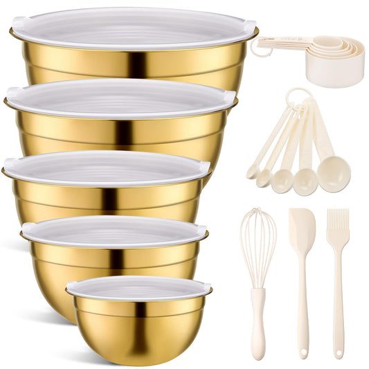 Shellwei Gold Mixing Bowls with Airtight Lids 24 Pcs Stainless Steel Mixing Bowls Set Size 1, 1.5, 2, 3.6, 7QT, Measuring Cups Spoons Baking Utensils Bowl for Kitchen Baking Serving Food