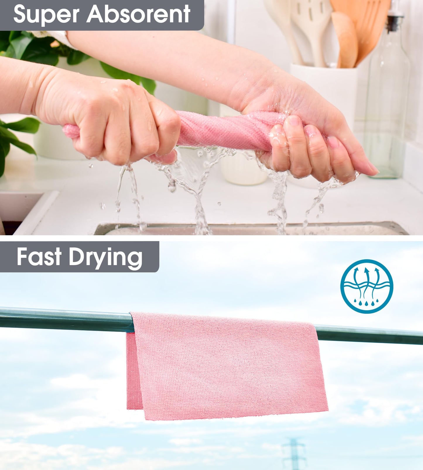 KitchLife Microfiber Cleaning Cloth Roll, 100 Pack - Tear-Away Towels, Lint-Free, Reusable, Washable for Kitchen, Car, Dishes, and Sensitive Surfaces (Pink)
