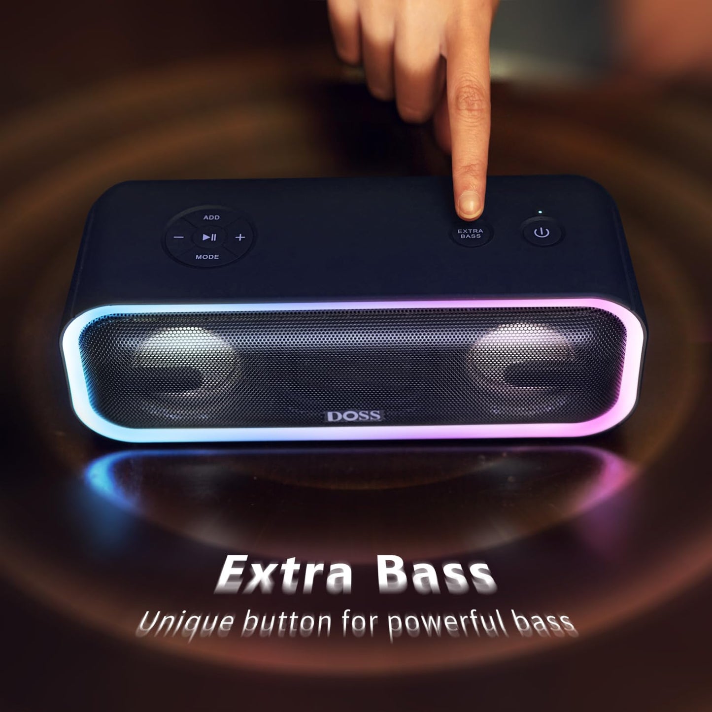DOSS SoundBox Pro+ Bluetooth Speaker with 24W Impressive Sound, Booming Bass, IPX6 Waterproof, 15Hrs Playtime, Wireless Stereo Pairing, Mixed Colors Lights, 66 FT- Blue