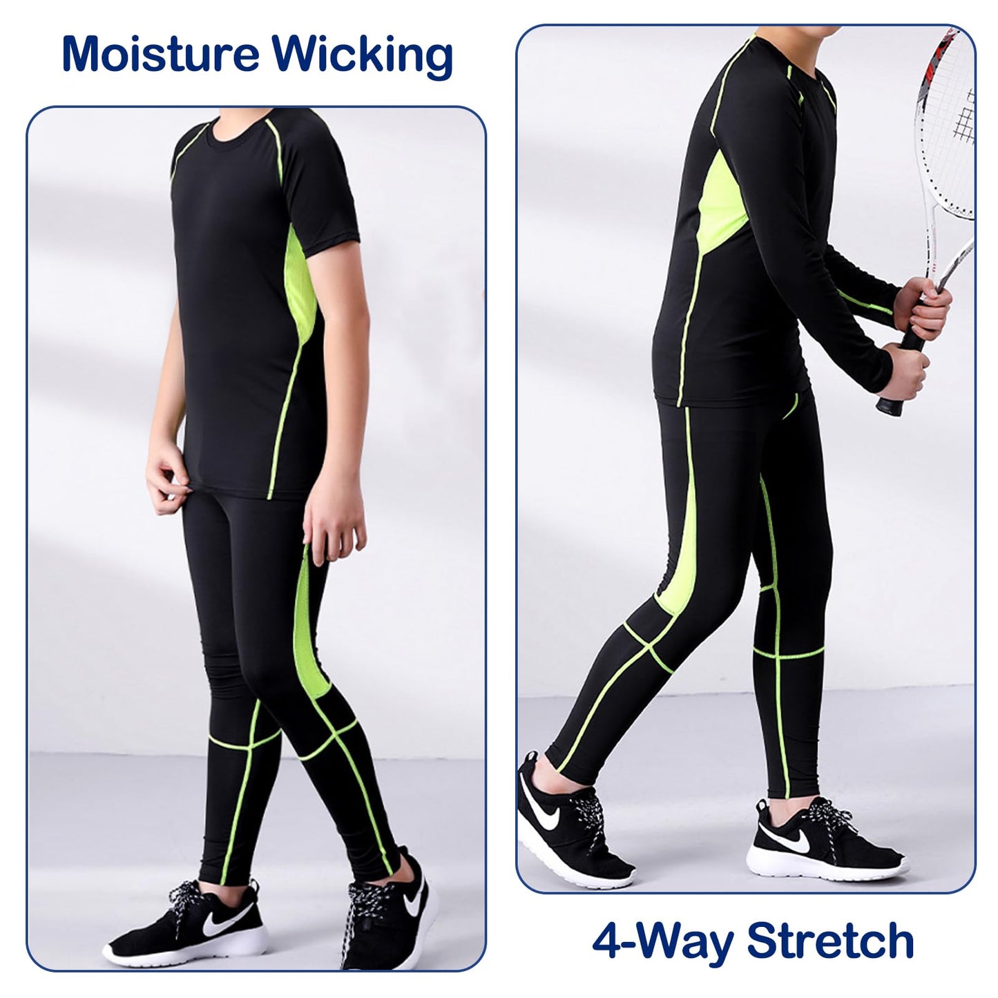 SS COLOR FISH Boys Compression Shirt Long Sleeve and Pants Set Youth Undershirts Athletic Tights Baselayer for Kids Baseball Green