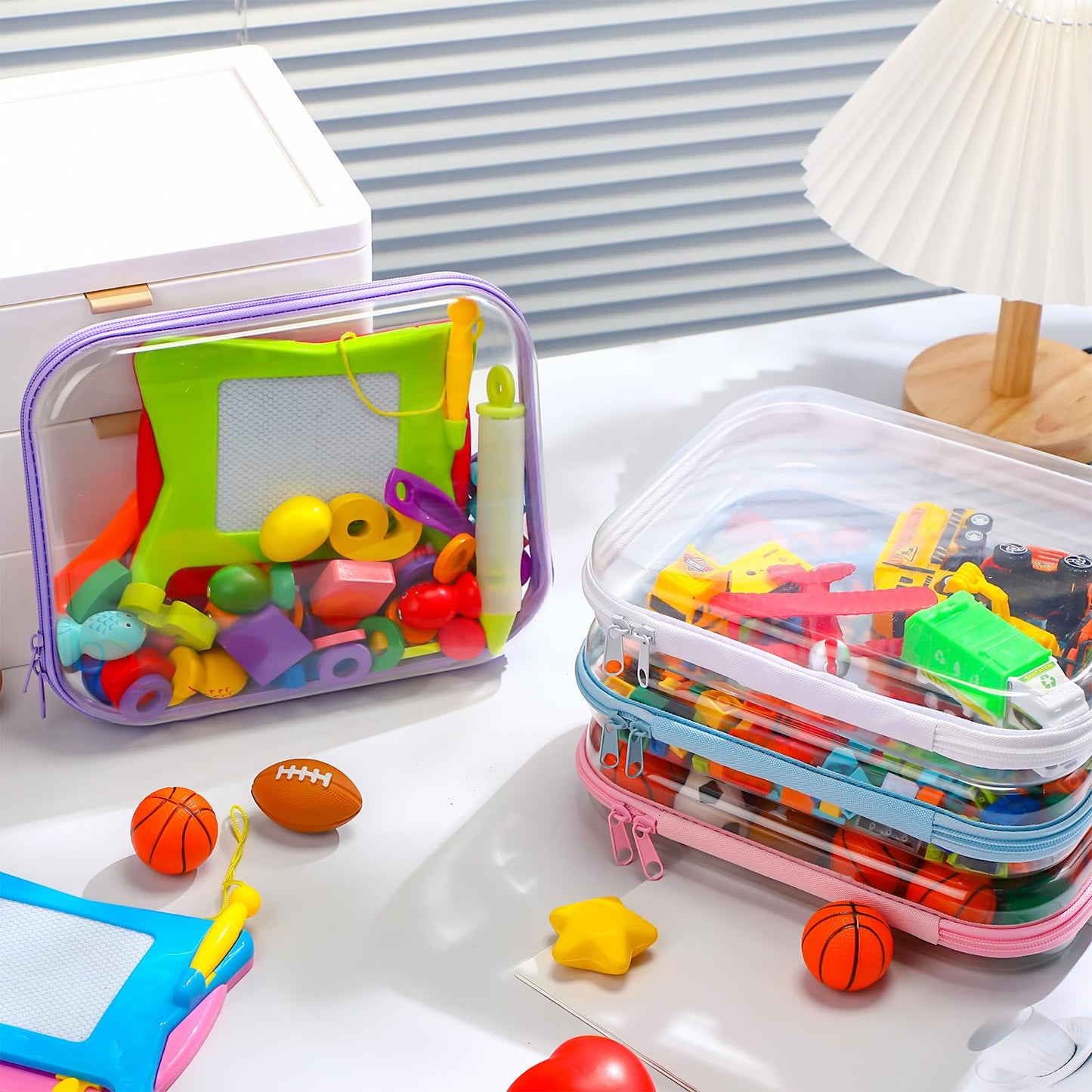 Hoolerry 4 Pcs Hard Clear Zipper Case Transparent Cases for Snacks Makeup Bag Plastic Storage Box Containers for Building Blocks, Puzzles, Cosmetics (Multicolor,9.8 x 7.9 x 2 in)