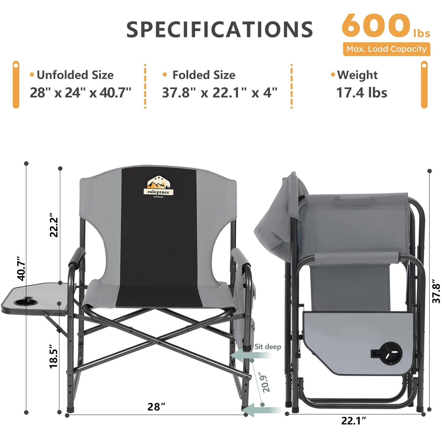 Colegence Oversized Directors Camping Chair Set of 2 Support 600 LBS, Heavy Duty Folding Outdoor Chairs with Detachable Side Pocket and Adjustable Side Table for Outside Beach,Lawn,Fishing (Black)