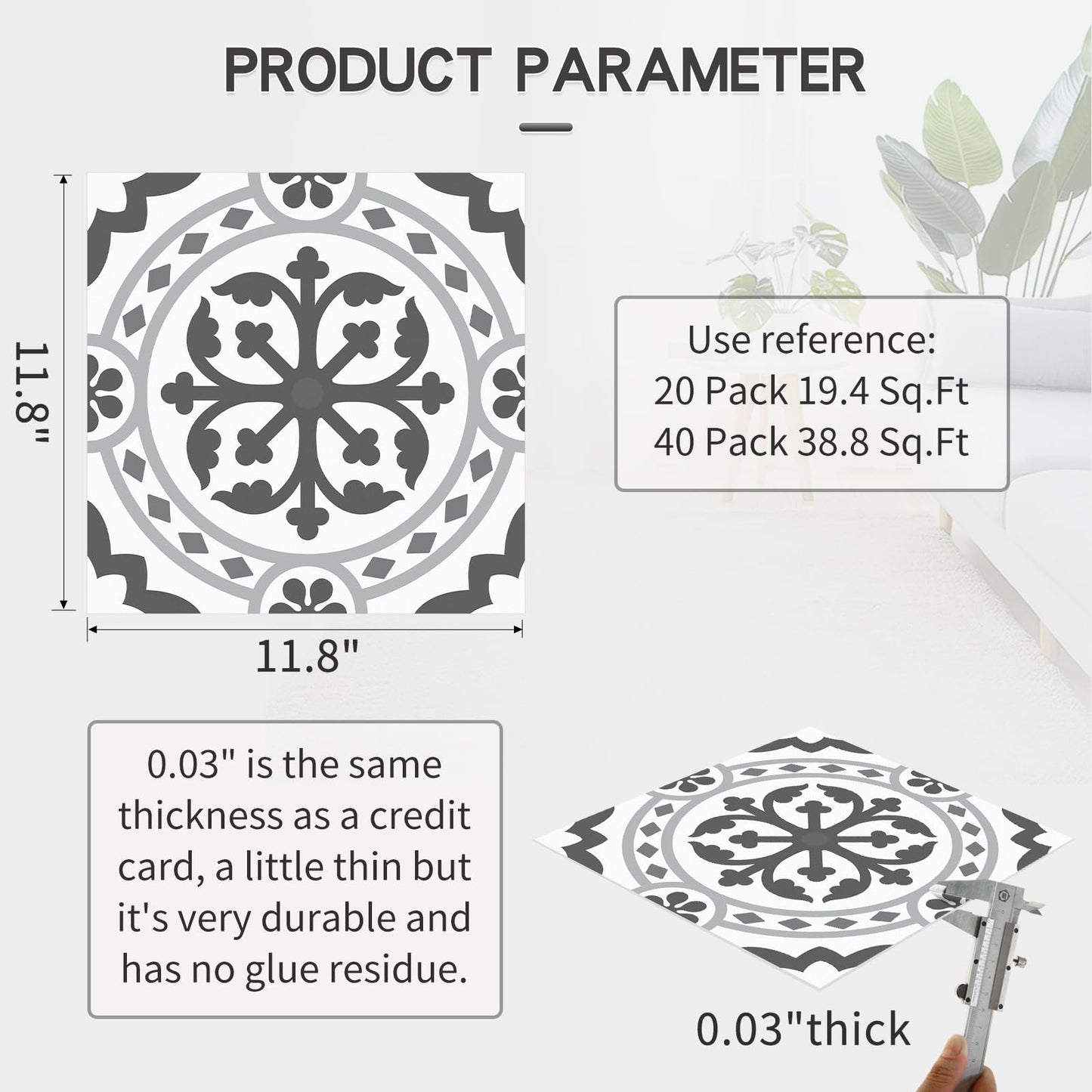 MORCART Peel and Stick Floor Tile - 20 PCS, 11.8" x 11.8" Vinyl Flooring - Waterproof Self-Adhesive Floor Tile for Bathroom, Kitchen, Living Room, Bedroom - White & Gray Retro Floral Look