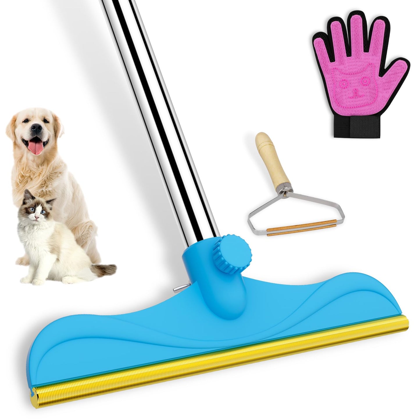 Eaersan 3 in 1 Carpet Rake Kit for Pet Hair Removal Tool - 45” Adjustable Long Handle Pet Hair Remover, Reusable Carpet Scraper Dog Cat Deep Hair Cleaner Remover Tool for Rugs, Mats, Couch, Furniture