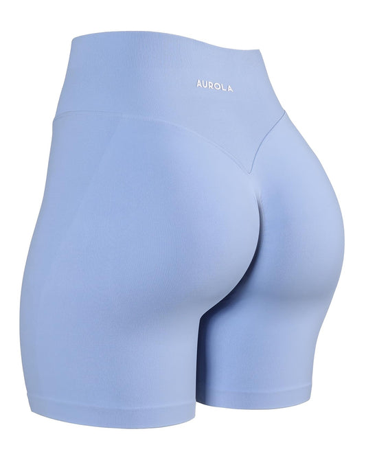 AUROLA Impressive Collection Workout Shorts for Women,High Waisted V-Shape Seam Gym Embossed Logo Athletic Fitness Short(Airy Blue,XS)