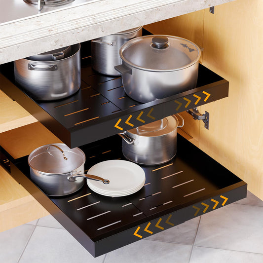 SpaceAid Pull Out Cabinet Organizer, 1 Pack Expandable 11.8"-19.6" (Need to Pull to Widen) Heavy Duty Pull-Out Drawer with Adhesive Tape for Kitchen Storage Cabinets (Black, 17" Deep)