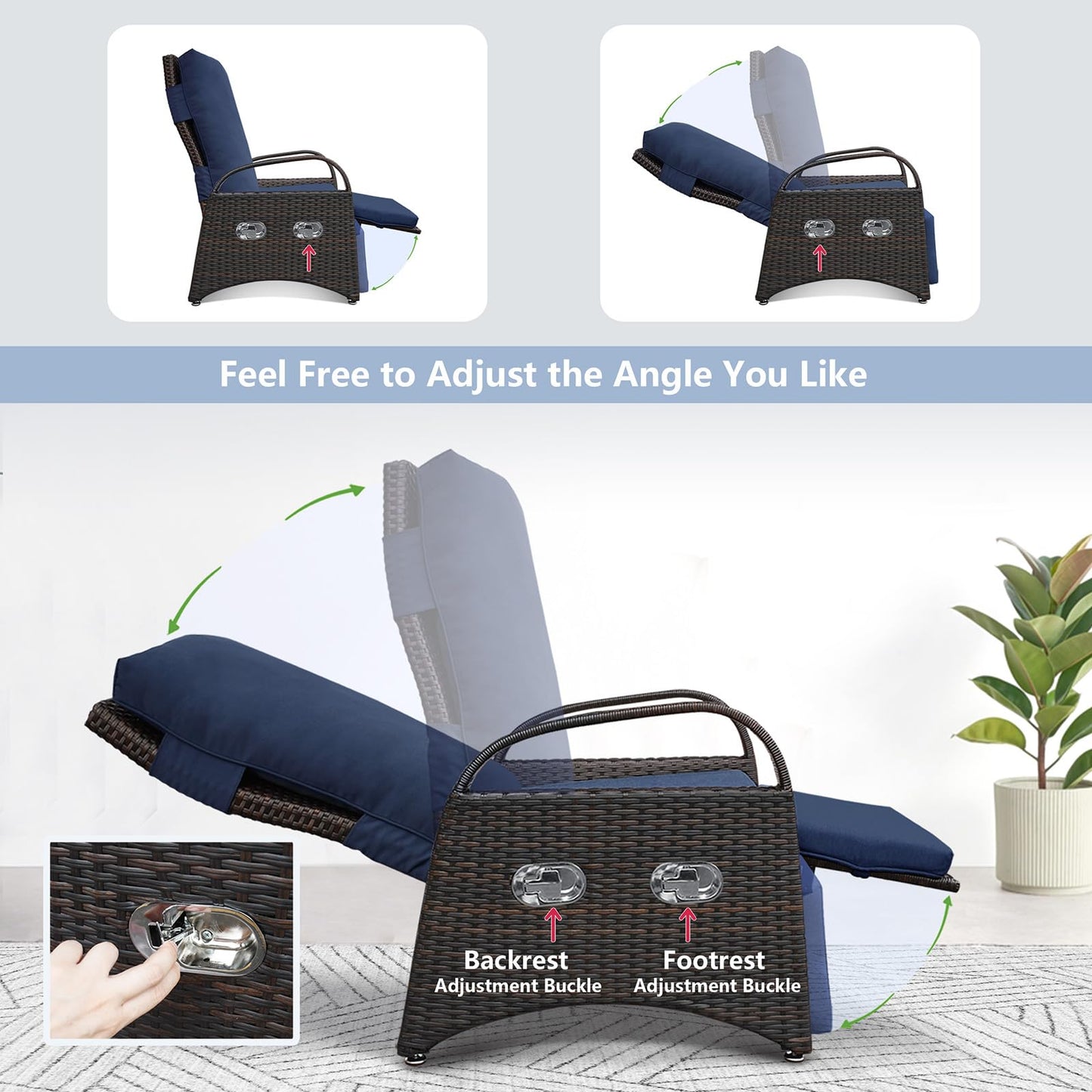 Skypatio Outdoor Wicker Recliner Chair with Side Table, Adjustable Backrest Footrest Patio Recliner Lounge Chair, All-Weather Resin Wicker Reclining Patio Chairs, Navy Blue