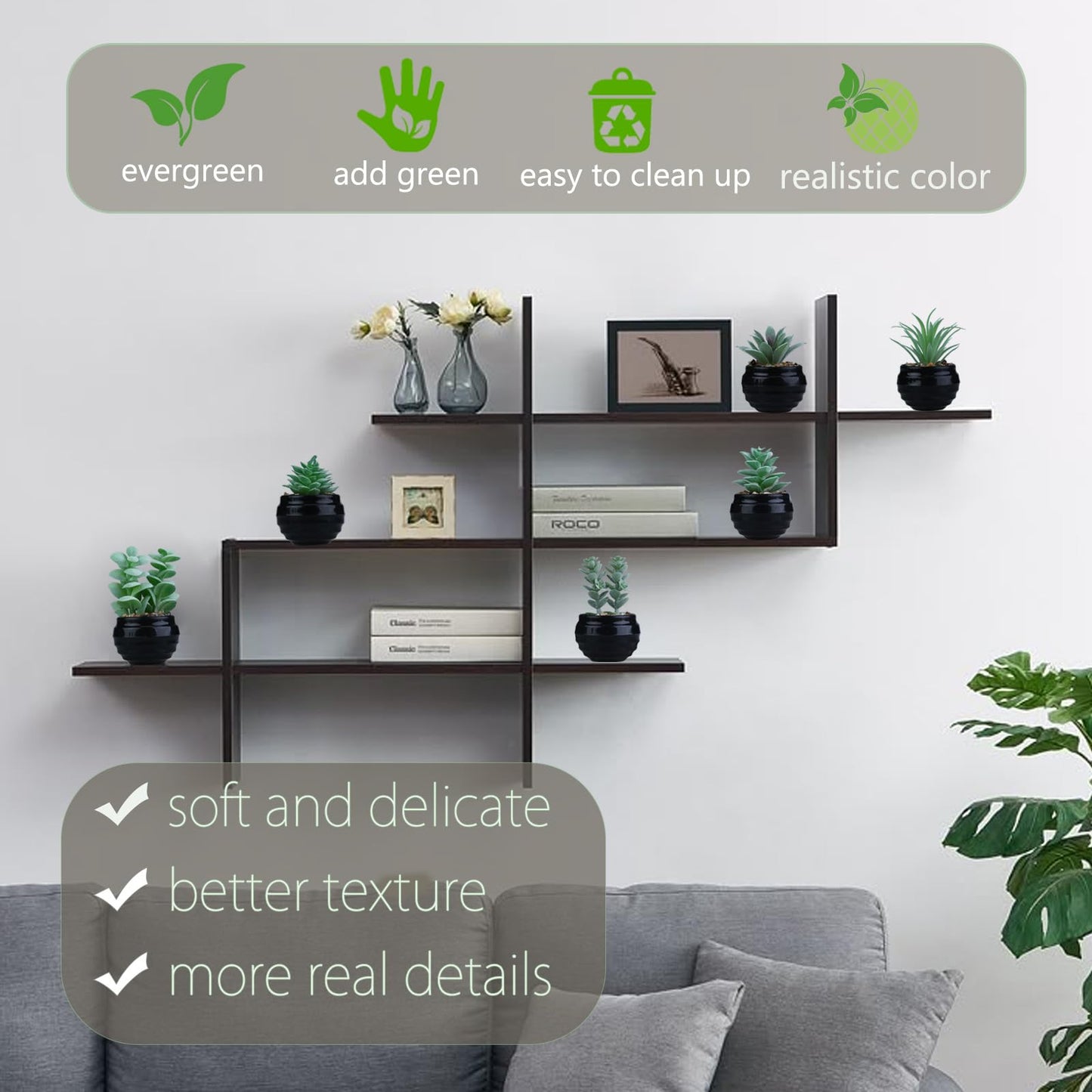 GREENTIME 6 Pcs Fake Succulent Plants Potted Set Artificial Mini Green Succulents in Black Pot as Party Gift Faux Plants Indoor for Home Office Desk Bathroom Bedroom Living Room Table Shelf Decoration