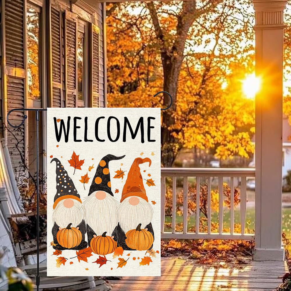 Polka Dots Gnome Garden Flags Welcome Fall Pumpkin Garden Flag 12x18 Inch Double Sided Burlap Autumn Holiday Maple Leaf Yard Outside Patio Lawn Decorations