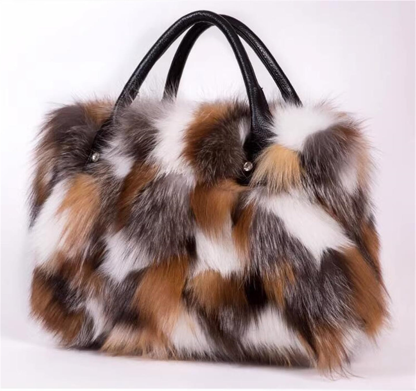 D-01 Luxury Real Fox Fur Handbag For Women Ladies Furry Shoulder Bag Purse Colorful Silver Bags Big Capacity Fashion (One Size, Brown)