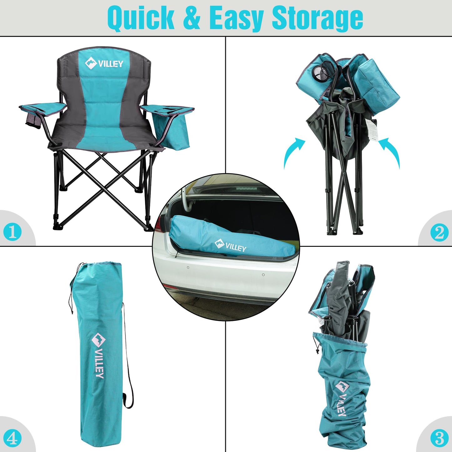 VILLEY Camping Chair, Oversized Folding Camp Chair, Portable Outdoor Chairs Support 400 LBS with Padded Seats, Cooler Bag, Cup Holder, Carry Bag, Blue