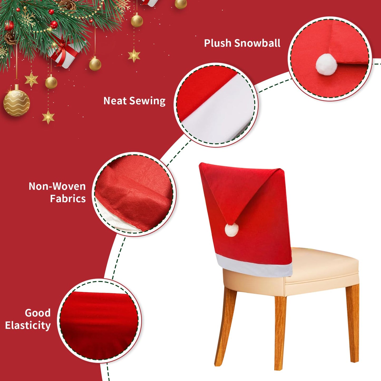 Poxtedsr Red Hat Dining Chair Slipcovers 4pcs, Christmas Chair Covers Set, Kitchen Chair Cover Xmas Indoor Decor Ornaments Set for Christmas Holiday Festival Decoration