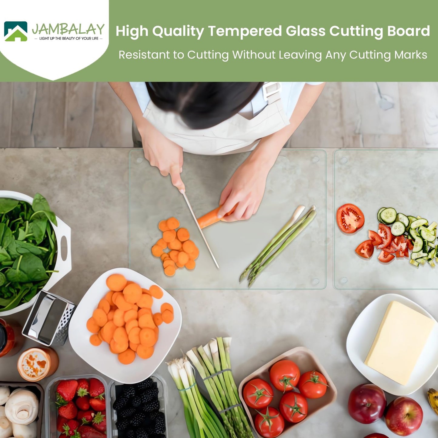 JAMBALAY Tempered Glass Cutting Boards for Kitchen, 16"x12" Clear Glass Cutting Board Set, 2Pcs Chopping Board with Rubber Non Slip Feet, Heat Resistant, Shatter Resistant, Dishwasher Safe