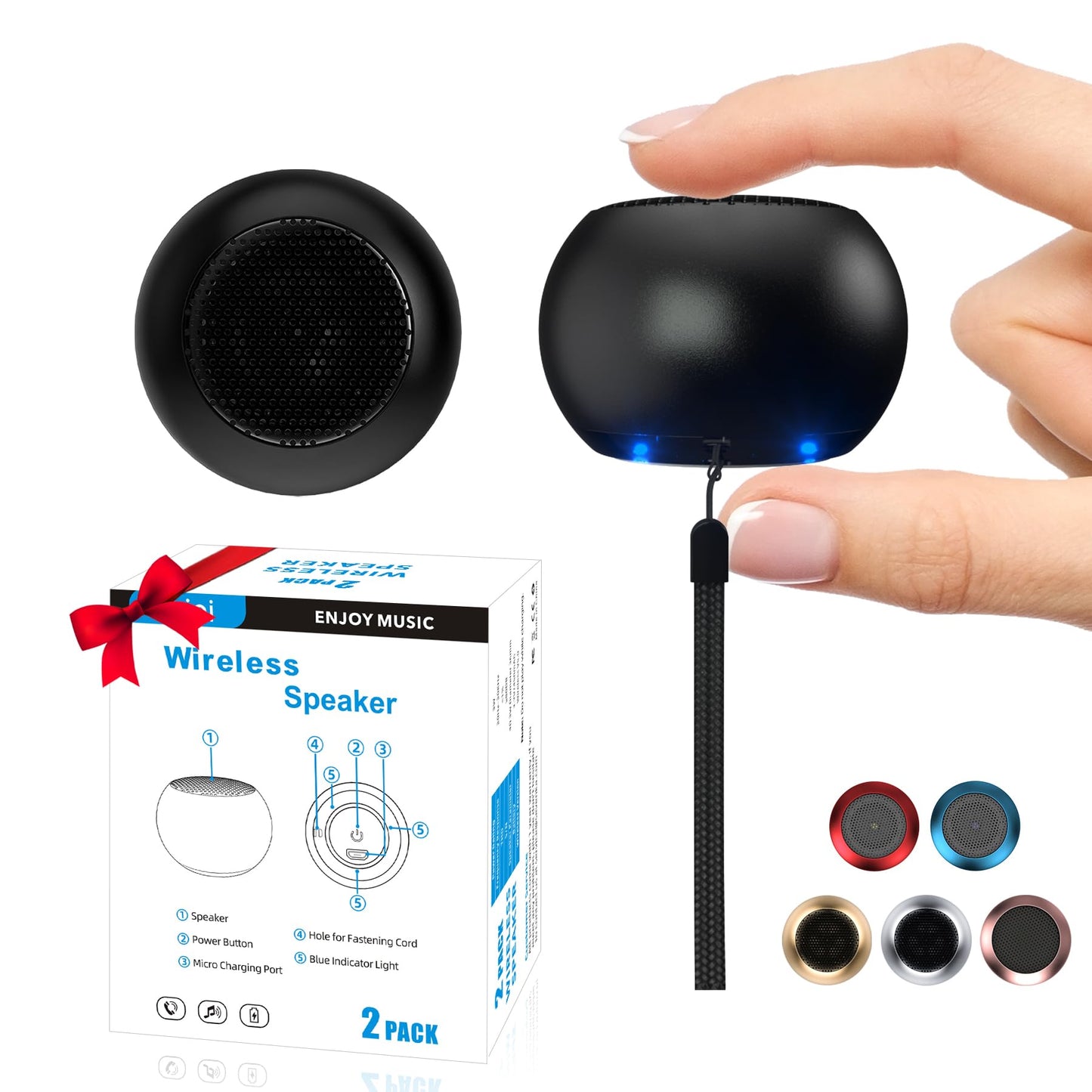AUKSKY 2Pack Portable Mini Speaker, Bluetooth Tiny Speaker,Wireless Micro Speaker for Phone/PC/Tablet, Rechargeable Battery, Built-in Microphone, Cute Mini Speaker with Strap to Carry, Black