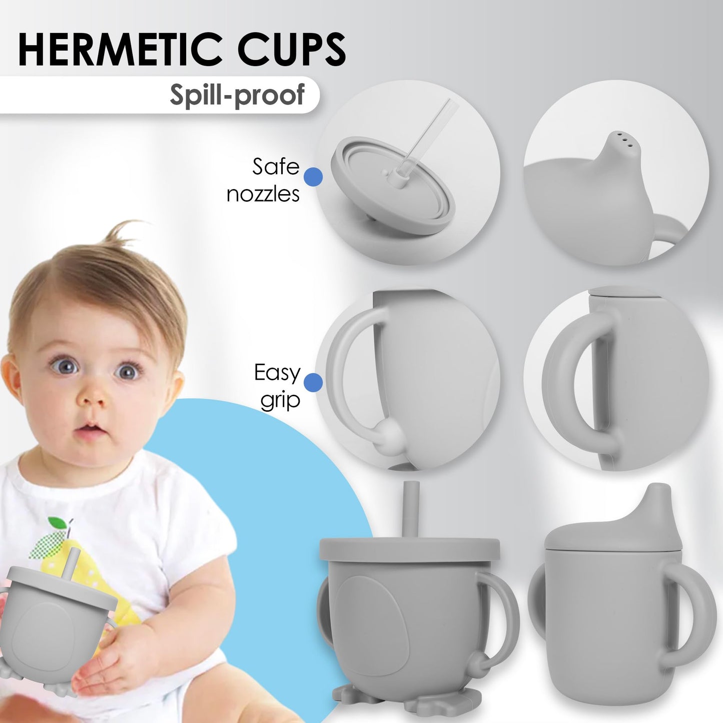 Bluet B- Silicone Baby Feeding Set with Pacifier - Baby Led Weaning Supplies - Baby Spoons, Suction Bowl - Plate - Baby Utensils Set - Silicone Feeding Set for Baby First Foods - 11pcs - Gray