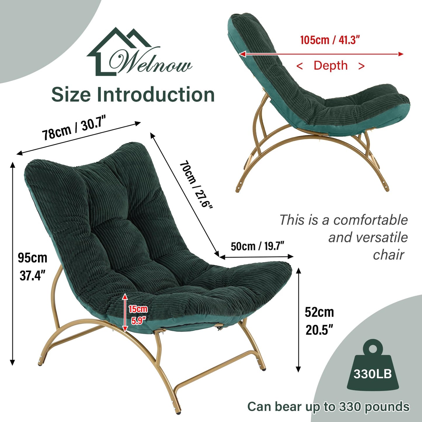 Welnow Accent Lounge Lazy Chair, Comfy Soft Leisure Metal Frame Reading Chair, Upholstered Thick Cushion Seated Recliner Sofa for Living Room, Bedroom, Dorm, Dark Green