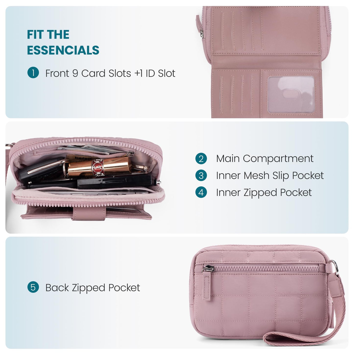 befen Wristlet Wallets for Women, Quilted Nylon Wallet Clutch Purse with 10 Card Slots, Credit Card Holder with RFID Blocking Phone Organizer, Puffer Womens Wallets, Pink