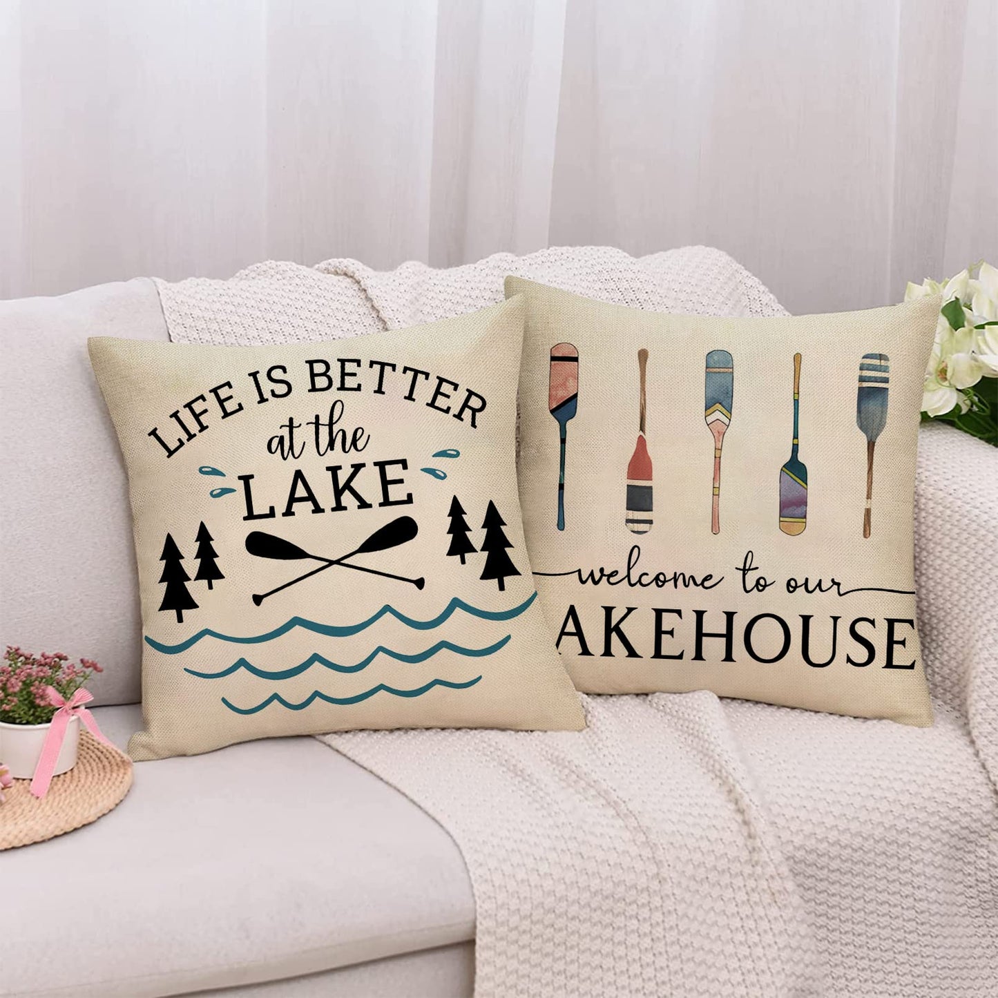 Softxpp Life is Better at the Lake House Decorative Throw Pillow Cover Set of 4, Farmhouse Paddles Anchor Lakehouse Cushion Case, Lakehouse Rustic Spring Summer Home Decoration Pillowcase Decors 18x18