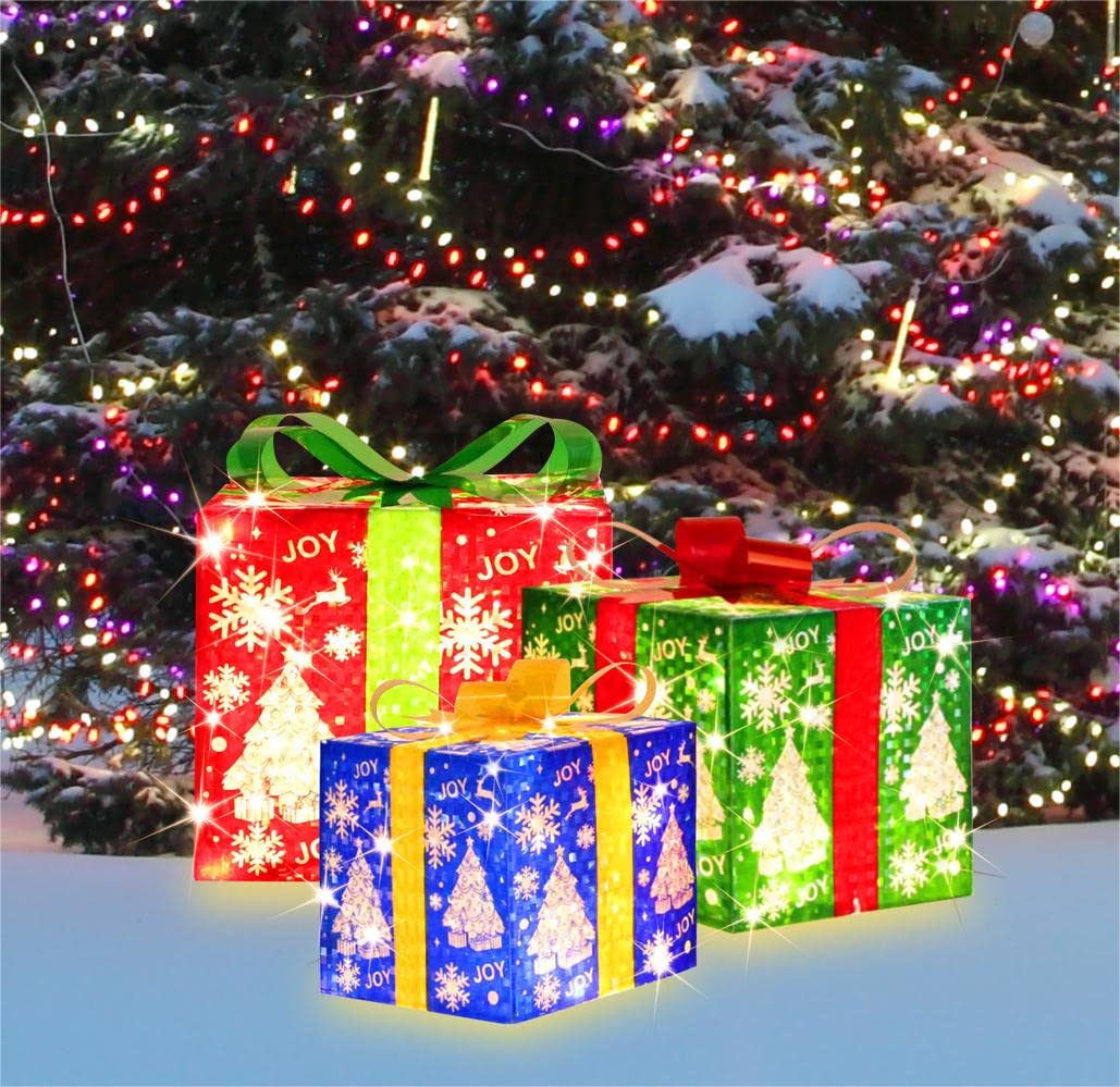 JUSTPRO [Large 8.5x7x6 Inches] 3 Piece Lighted Gift Boxes Christmas Decorations with 70 Super-Bright LED Warm White Lights with Flashers,for Indoor and Outdoor Holiday Party Christmas