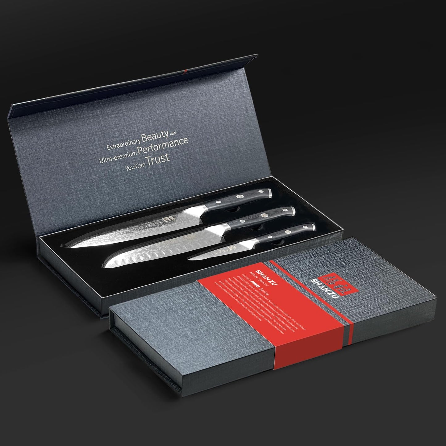 SHAN ZU Damascus Knife Set, Japanese Super Steel 3 PCS Damascus High Carbon Professional Ultra-Sharp Kitchen Chef Knife Set with G10 Handle Gift Box