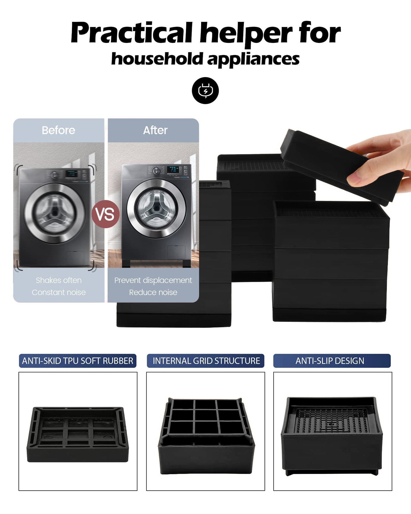 Furniture Risers, Tclouda Bed/Sofa/Desk/Table/Chair Leg/Fridge Lifts to 1.5, 3 and 4 in, Rectangle Adjustable Risers Blocks for Extenders, Heavy Duty Supports Up to 1300 Lbs, 4 in-Black-Rectangle