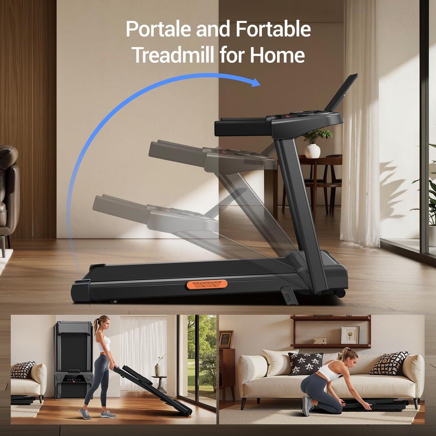 3-in-1 Treadmill with 14% Incline, Foldable Treadmills for Home with Handle, Portable Treadmills with 300 Lbs Weight Capacity, 3.0HP Quiet Walking Pad Treadmill, Three Touch Screen