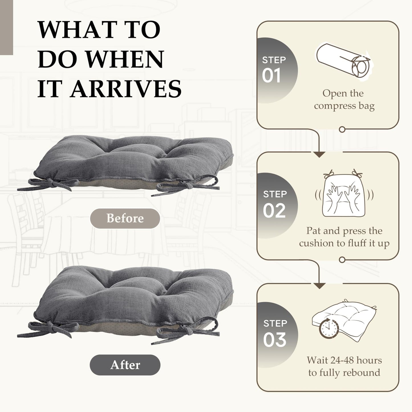 HARBOREST Chair Cushions for Dining Chairs Set of 4 - Chenille Tufted Kitchen Chair Cushions with Ties and Non-Slip Bottom, Foam Chair Pads for Dining Chairs, 17" x 17", Grey