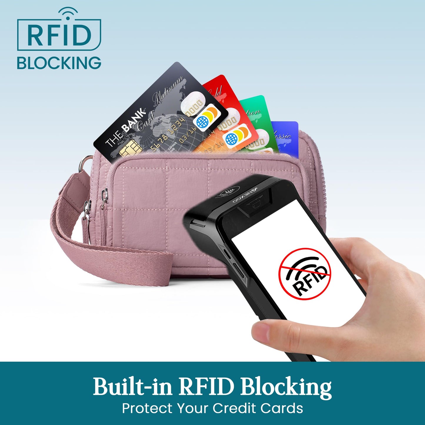 VONAL Wristlet Wallets for Women, Quilted Nylon Wallet Purse with 3 Zipper, Credit Card Holder with RFID Blocking Cell Phone Organizer, Puffer Womens Wristlet, Pink